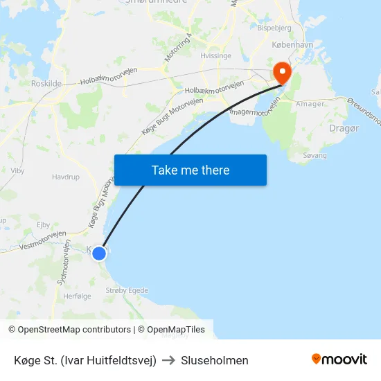 Køge St. (Ivar Huitfeldtsvej) to Sluseholmen map