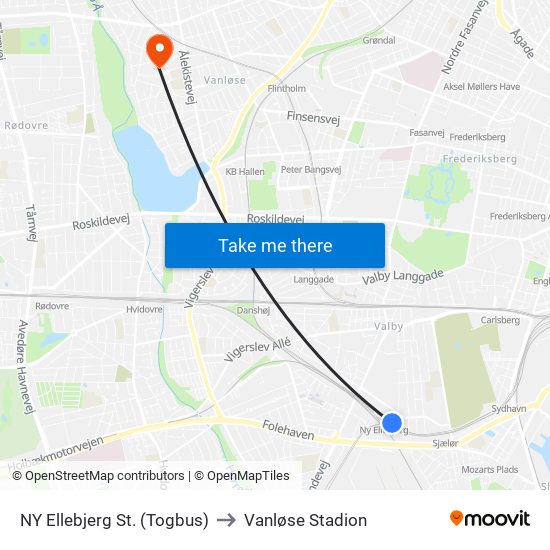 NY Ellebjerg St. (Togbus) to Vanløse Stadion map