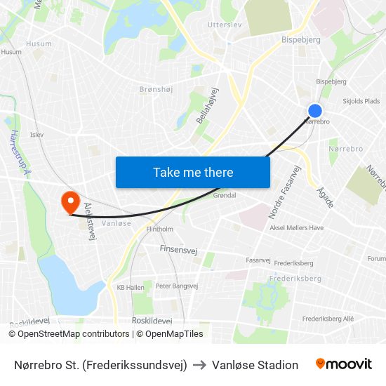 Nørrebro St. (Frederikssundsvej) to Vanløse Stadion map