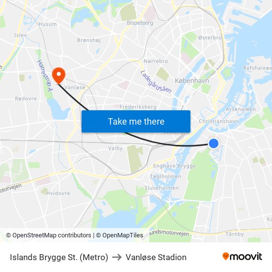 Islands Brygge St. (Metro) to Vanløse Stadion map