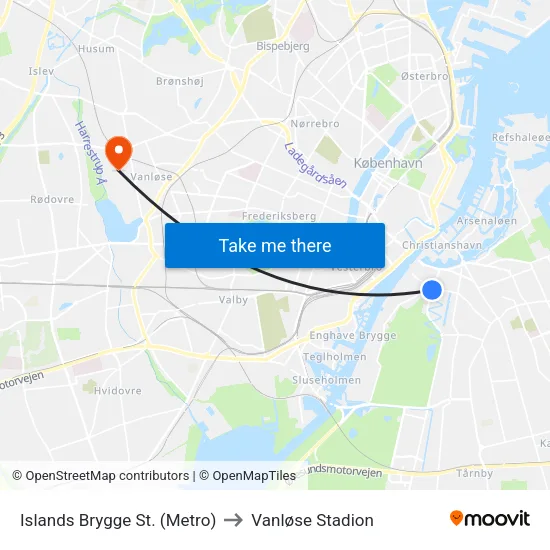 Islands Brygge St. (Metro) to Vanløse Stadion map