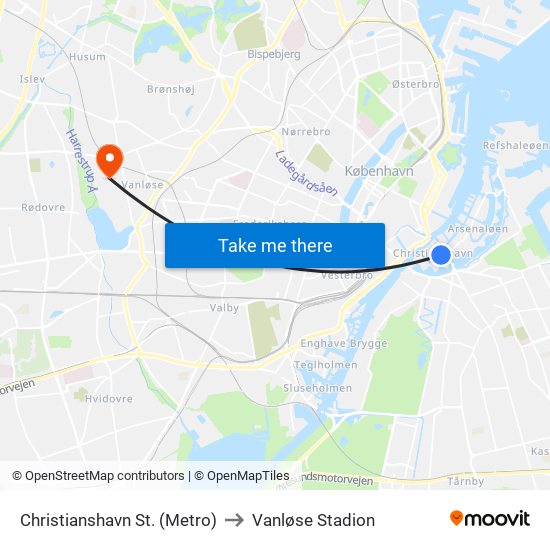 Christianshavn St. (Metro) to Vanløse Stadion map