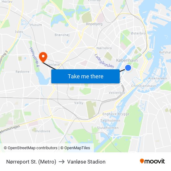 Nørreport St. (Metro) to Vanløse Stadion map