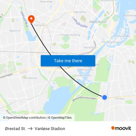 Ørestad St. to Vanløse Stadion map