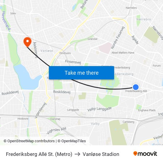 Frederiksberg Allé St. (Metro) to Vanløse Stadion map