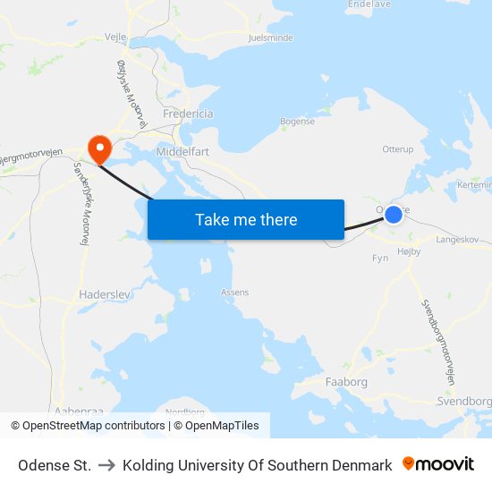 Odense St. to Kolding University Of Southern Denmark map