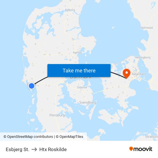 Esbjerg St. to Htx Roskilde map