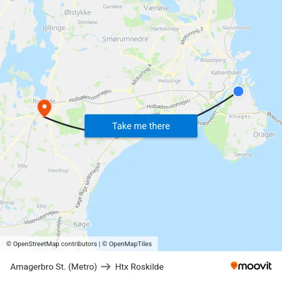 Amagerbro St. (Metro) to Htx Roskilde map