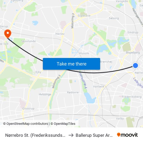 Nørrebro St. (Frederikssundsvej) to Ballerup Super Arena map