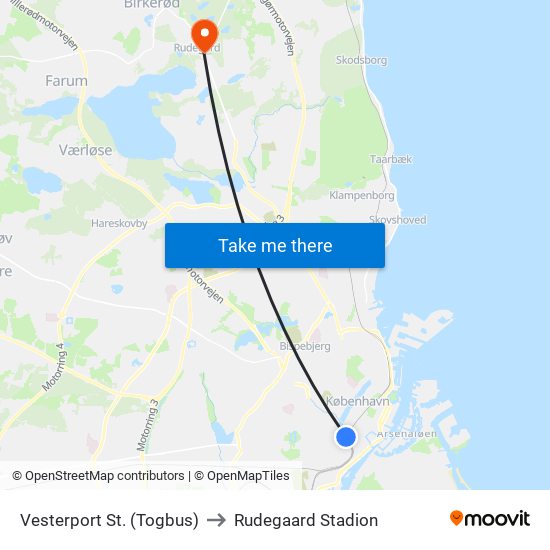 Vesterport St. (Togbus) to Rudegaard Stadion map