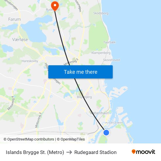 Islands Brygge St. (Metro) to Rudegaard Stadion map