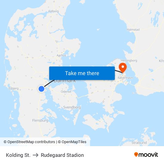 Kolding St. to Rudegaard Stadion map