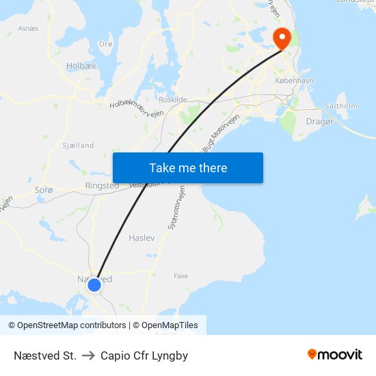 Næstved St. to Capio Cfr Lyngby map