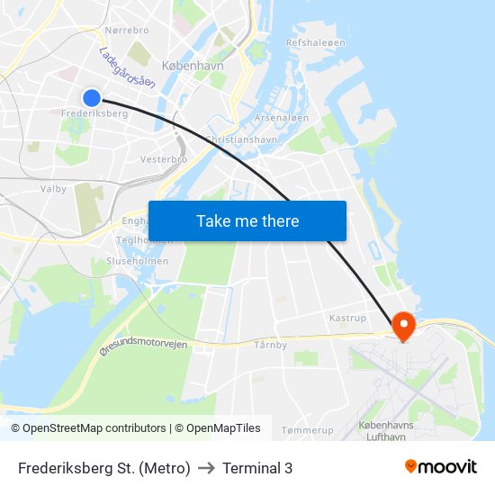 Frederiksberg St. (Metro) to Terminal 3 map