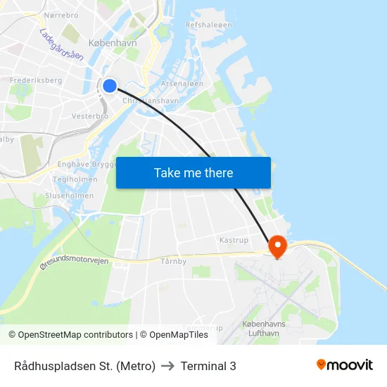 Rådhuspladsen St. (Metro) to Terminal 3 map
