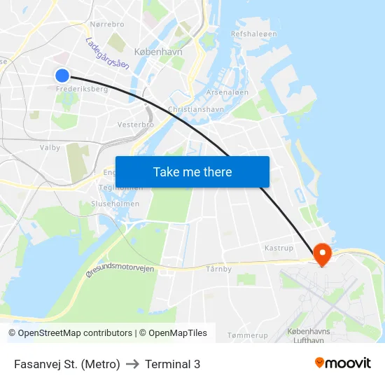 Fasanvej St. (Metro) to Terminal 3 map