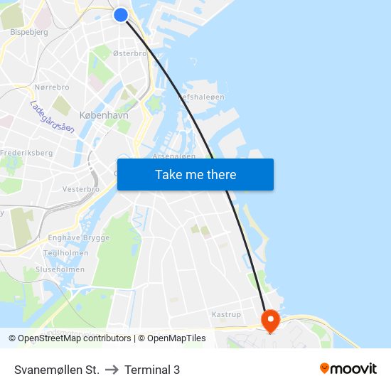 Svanemøllen St. to Terminal 3 map