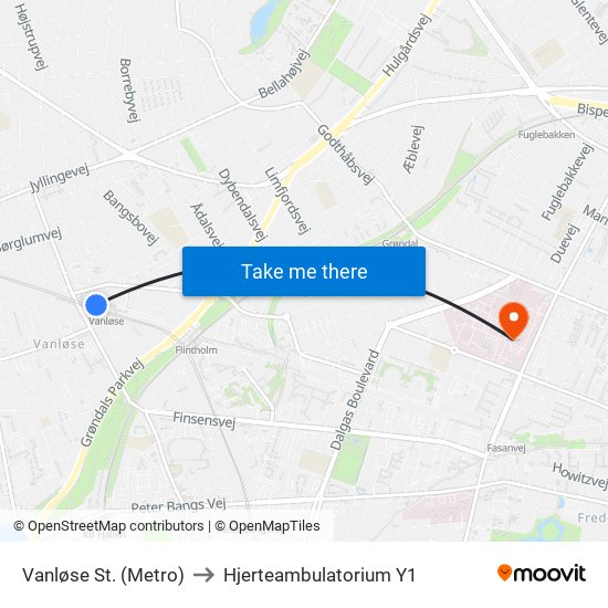 Vanløse St. (Metro) to Hjerteambulatorium Y1 map