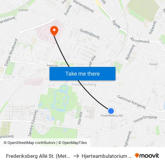 Frederiksberg Allé St. (Metro) to Hjerteambulatorium Y1 map