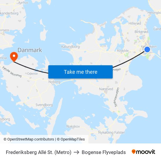 Frederiksberg Allé St. (Metro) to Bogense Flyveplads map