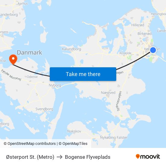 Østerport St. (Metro) to Bogense Flyveplads map