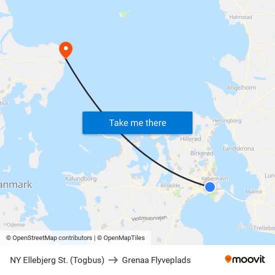 NY Ellebjerg St. (Togbus) to Grenaa Flyveplads map