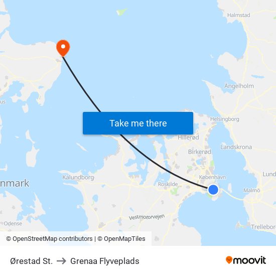 Ørestad St. to Grenaa Flyveplads map