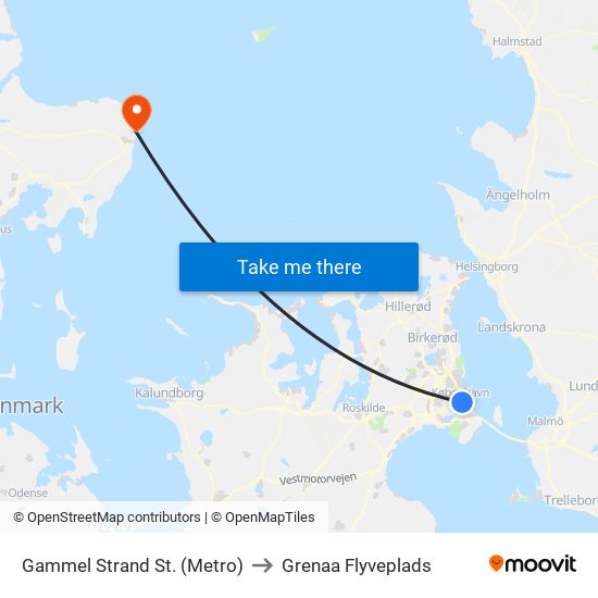 Gammel Strand St. (Metro) to Grenaa Flyveplads map