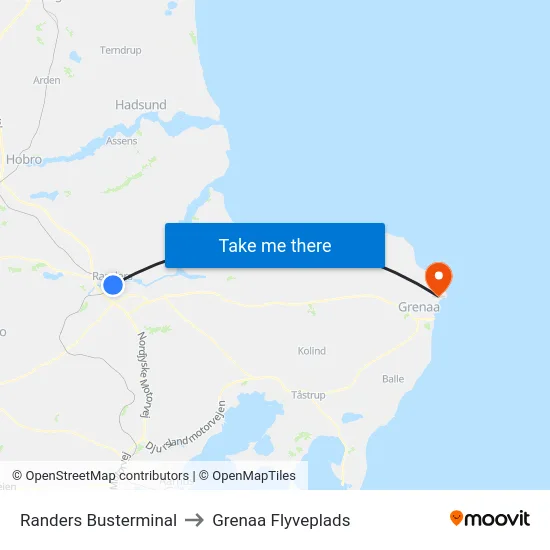 Randers Busterminal to Grenaa Flyveplads map