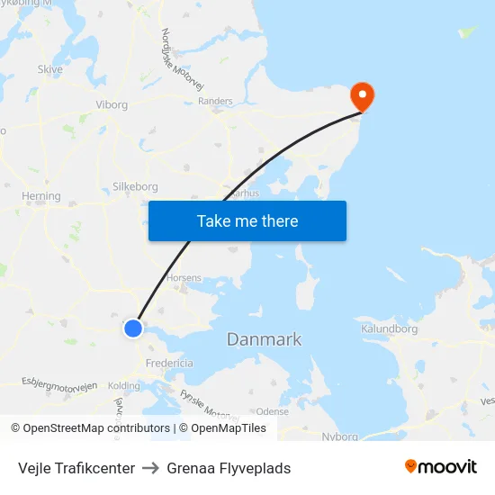 Vejle Trafikcenter to Grenaa Flyveplads map