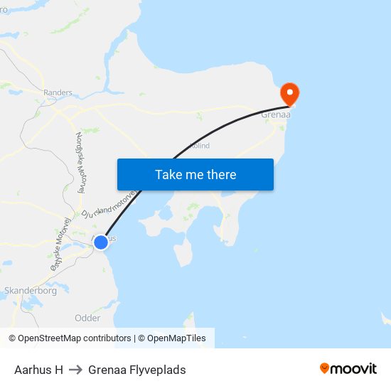 Aarhus H to Grenaa Flyveplads map