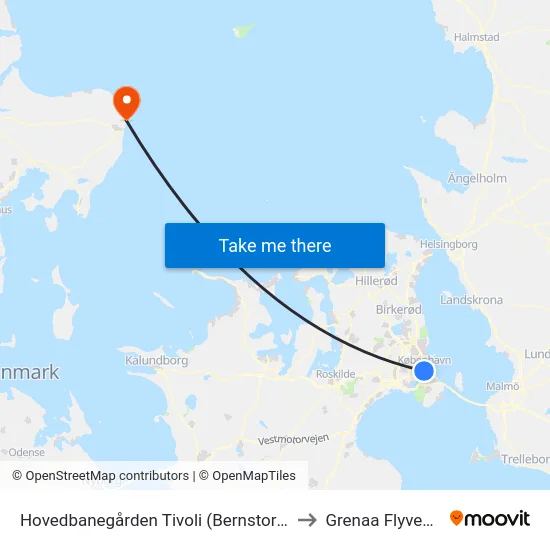 Hovedbanegården Tivoli (Bernstorffsgade) to Grenaa Flyveplads map
