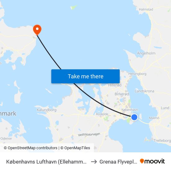 Københavns Lufthavn (Ellehammersvej) to Grenaa Flyveplads map