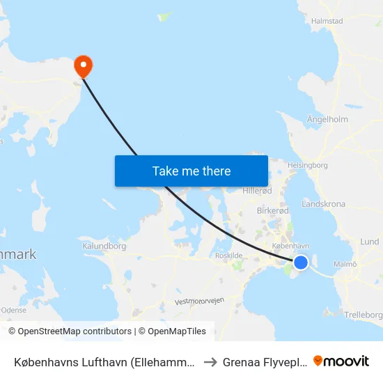 Københavns Lufthavn (Ellehammersvej) to Grenaa Flyveplads map