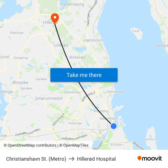 Christianshavn St. (Metro) to Hillerød Hospital map