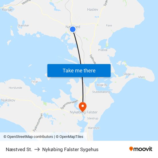 Næstved St. to Nykøbing Falster Sygehus map