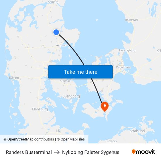 Randers Busterminal to Nykøbing Falster Sygehus map