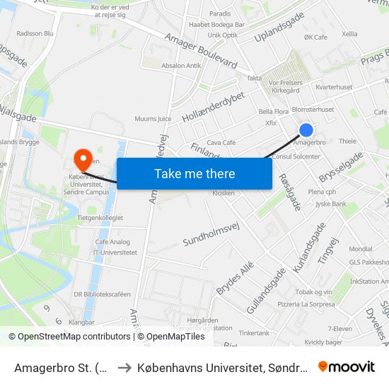 Amagerbro St. (Metro) to Københavns Universitet, Søndre Campus map