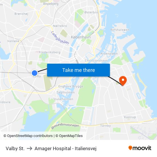 Valby St. to Amager Hospital - Italiensvej map