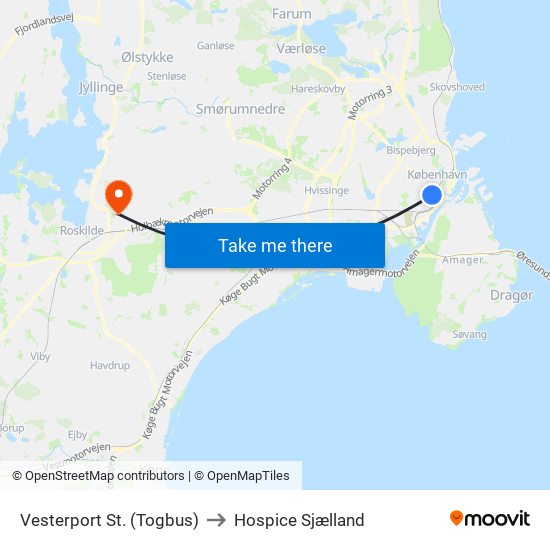 Vesterport St. (Togbus) to Hospice Sjælland map