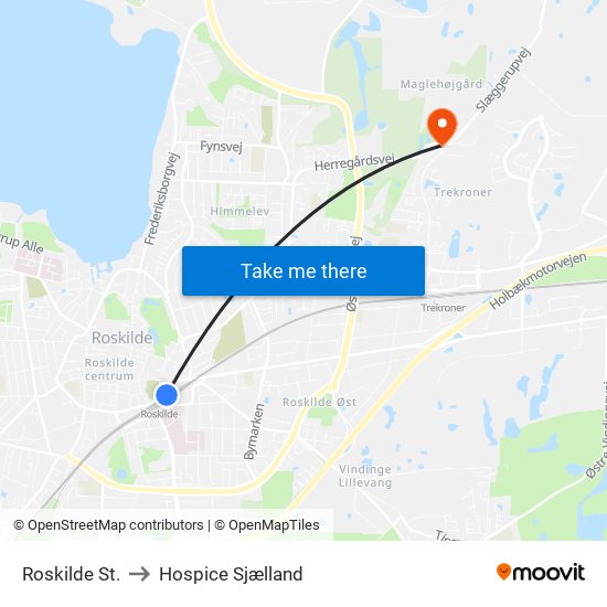 Roskilde St. to Hospice Sjælland map