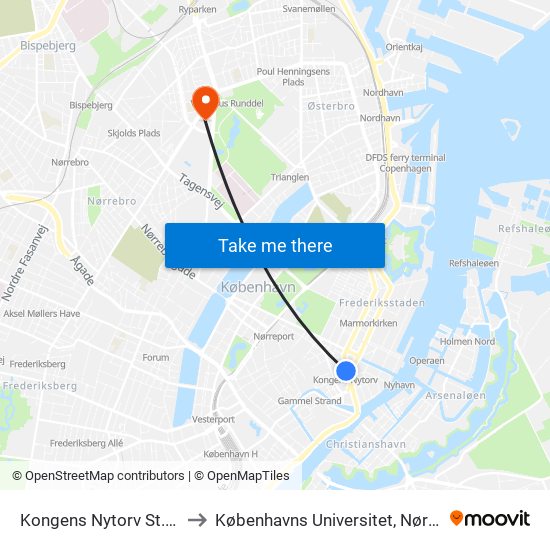 Kongens Nytorv St. (Metro) to Københavns Universitet, Nørre Campus map