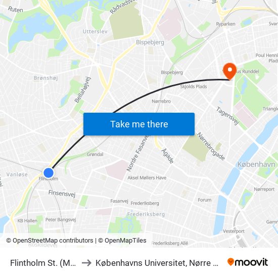 Flintholm St. (Metro) to Københavns Universitet, Nørre Campus map