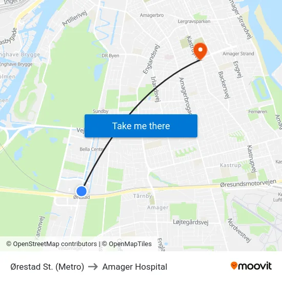 Ørestad St. (Metro) to Amager Hospital map