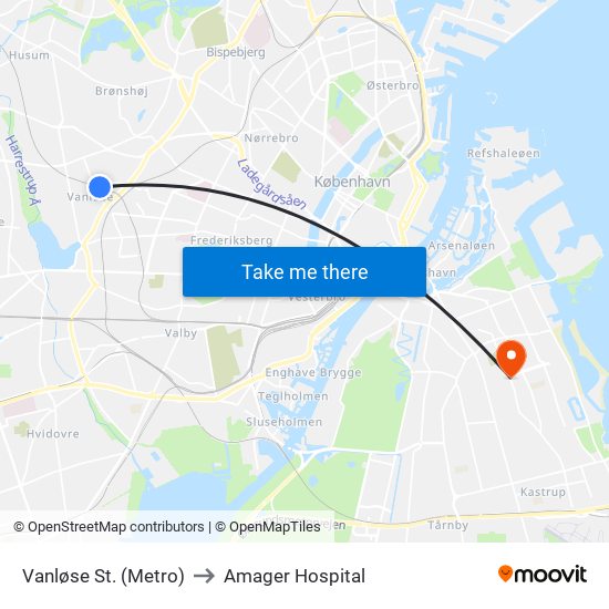 Vanløse St. (Metro) to Amager Hospital map