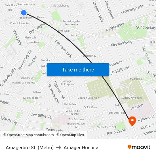 Amagerbro St. (Metro) to Amager Hospital map