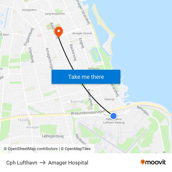 Cph Lufthavn to Amager Hospital map