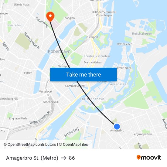 Amagerbro St. (Metro) to 86 map