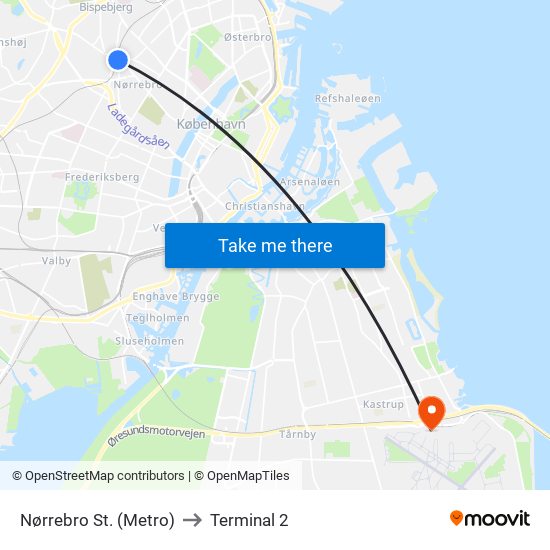 Nørrebro St. (Metro) to Terminal 2 map