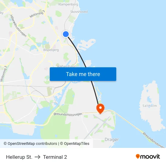Hellerup St. to Terminal 2 map